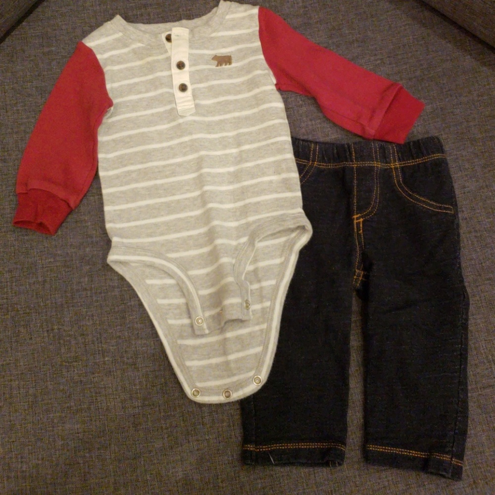 Carters Striped Long-sleeve Henley and "Jeans" 9M